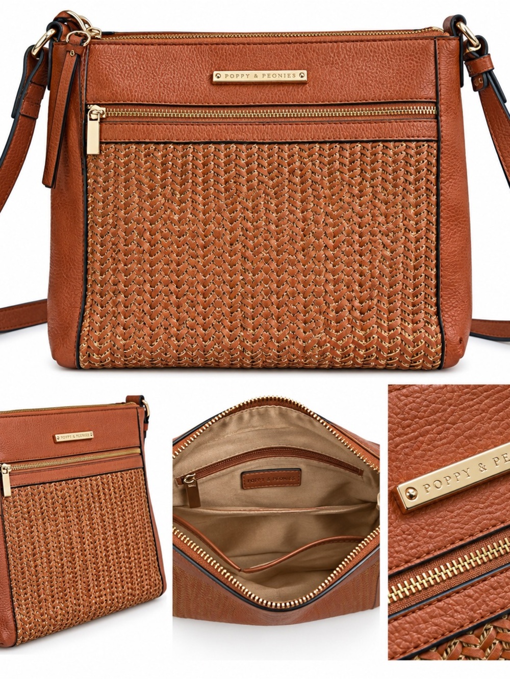 💼 Poppy & Peonies Cognac Woven Crossbody Bag